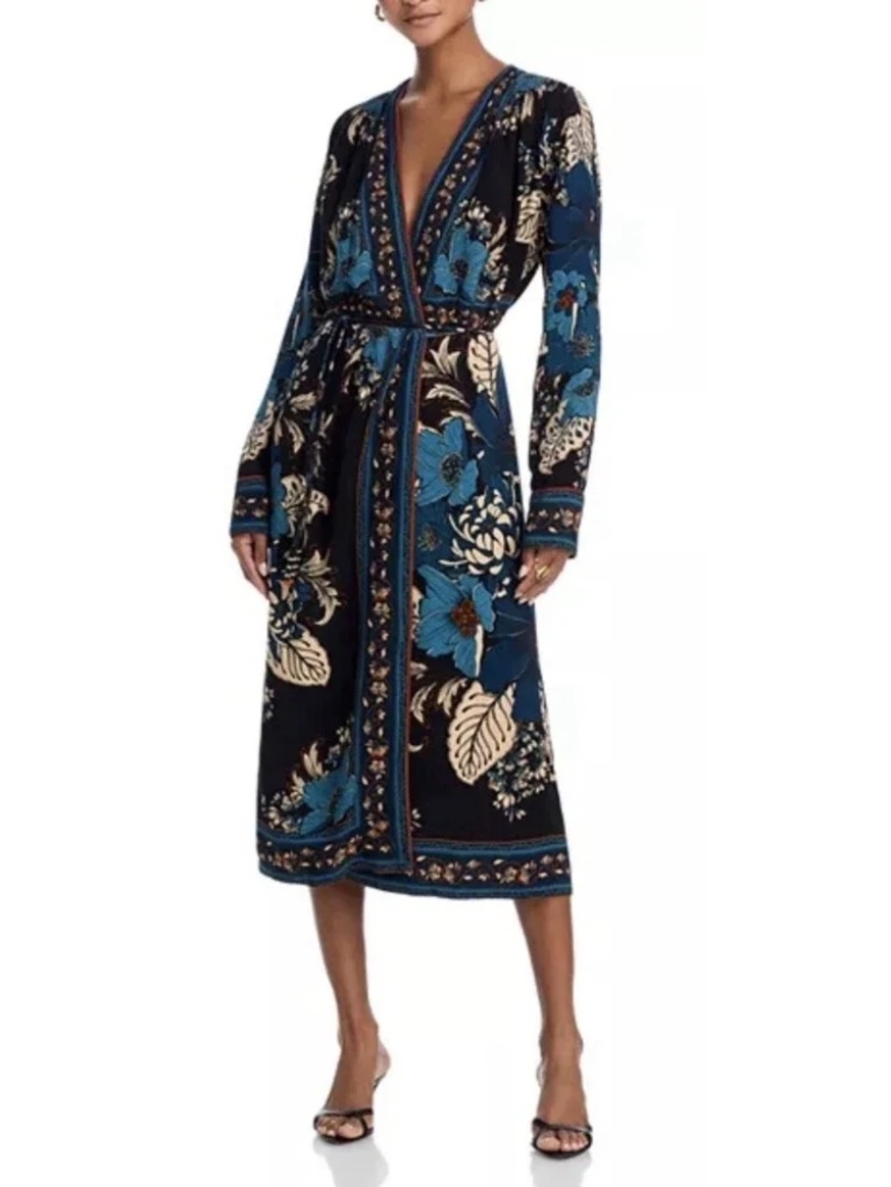 New Farm Rio Long Sleeves Wrap Blossom Tapestry Dress beaded fringe strap midi